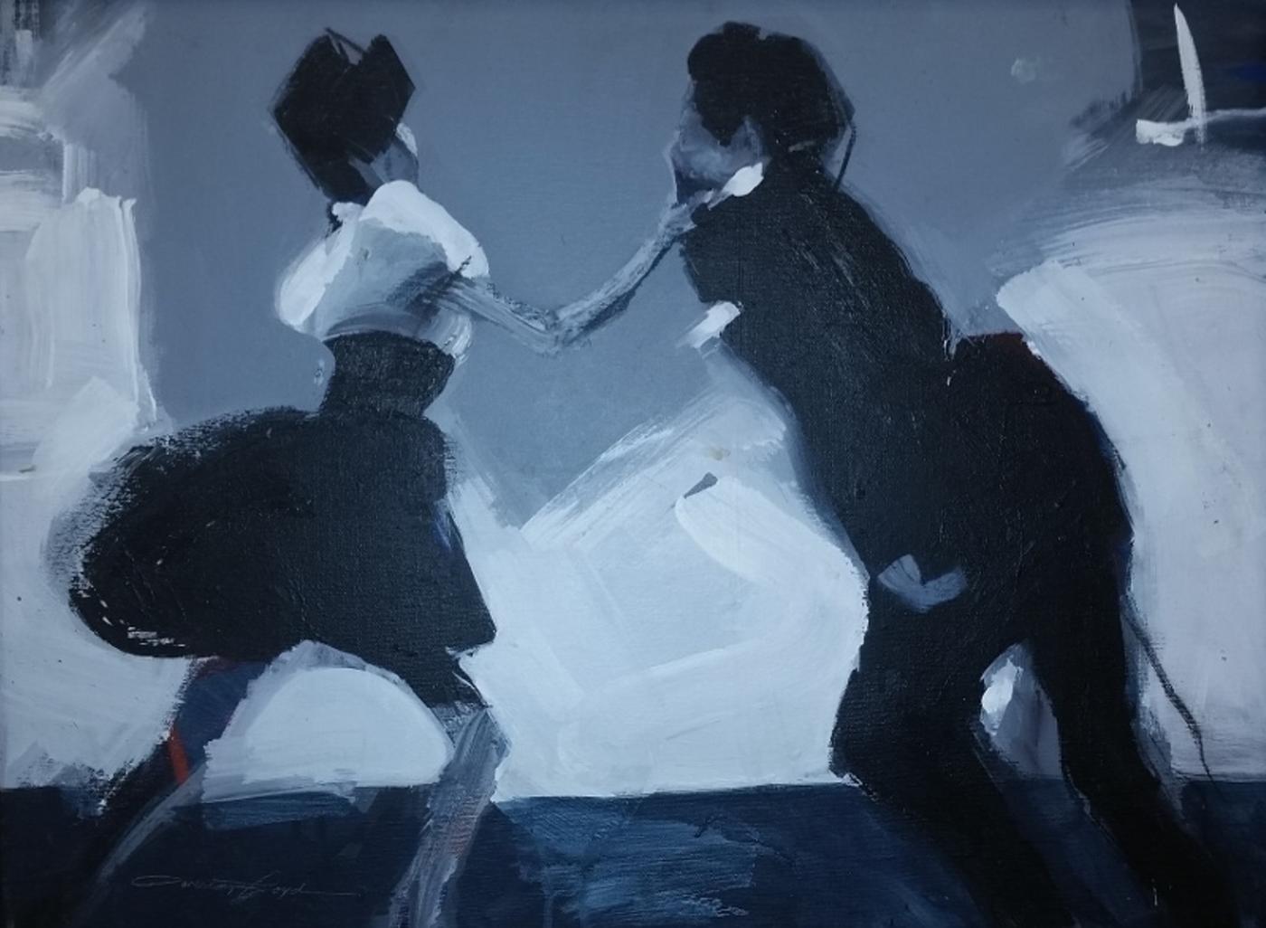 Oil painting of man and woman dancing, motion suggested by her stepping backward and fullness of her skirt