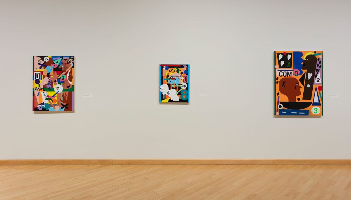 Installation view of large scale paintings;  narrative figurative style