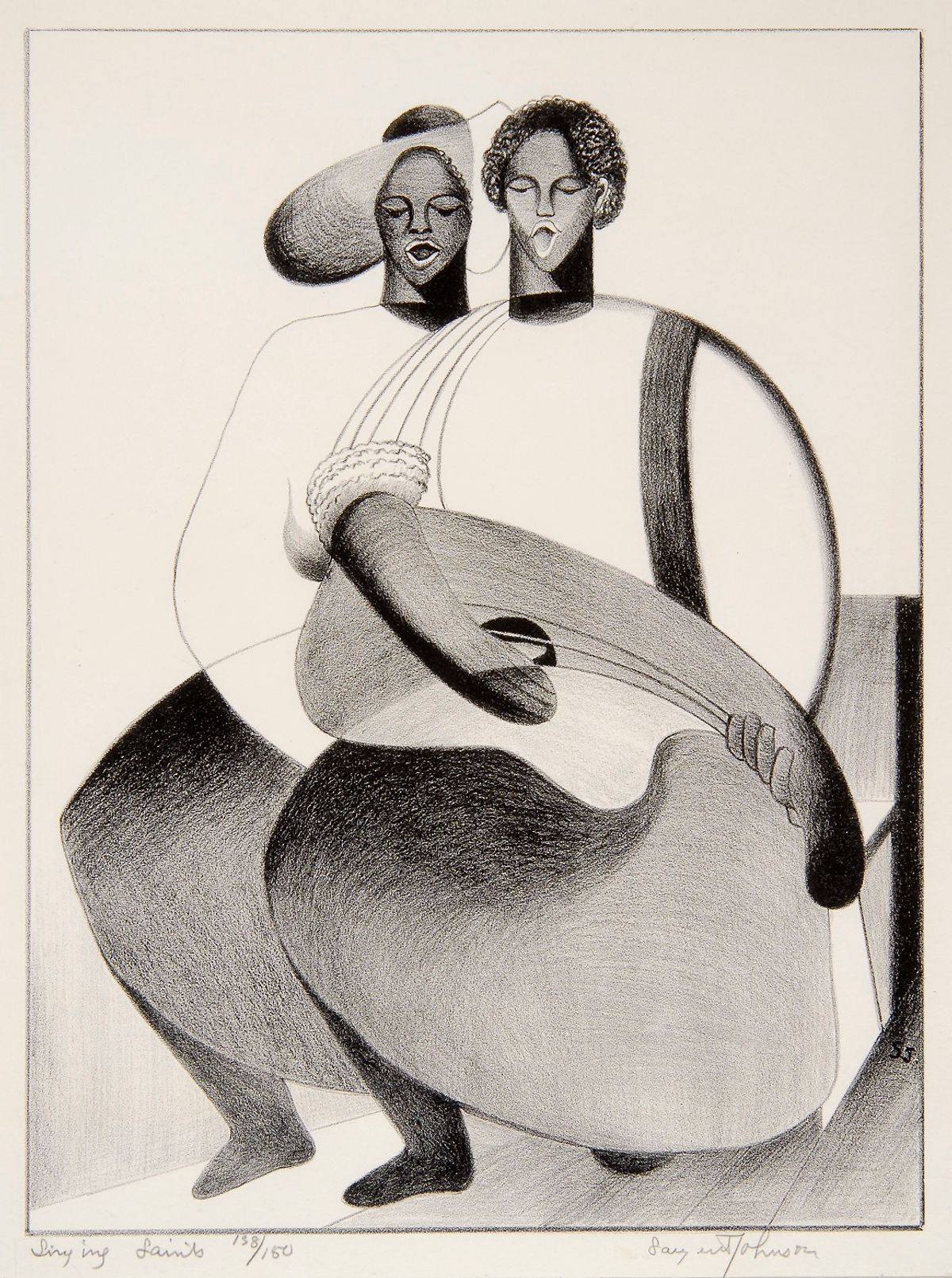 One-color lithograph of a man, a woman, and a guitar