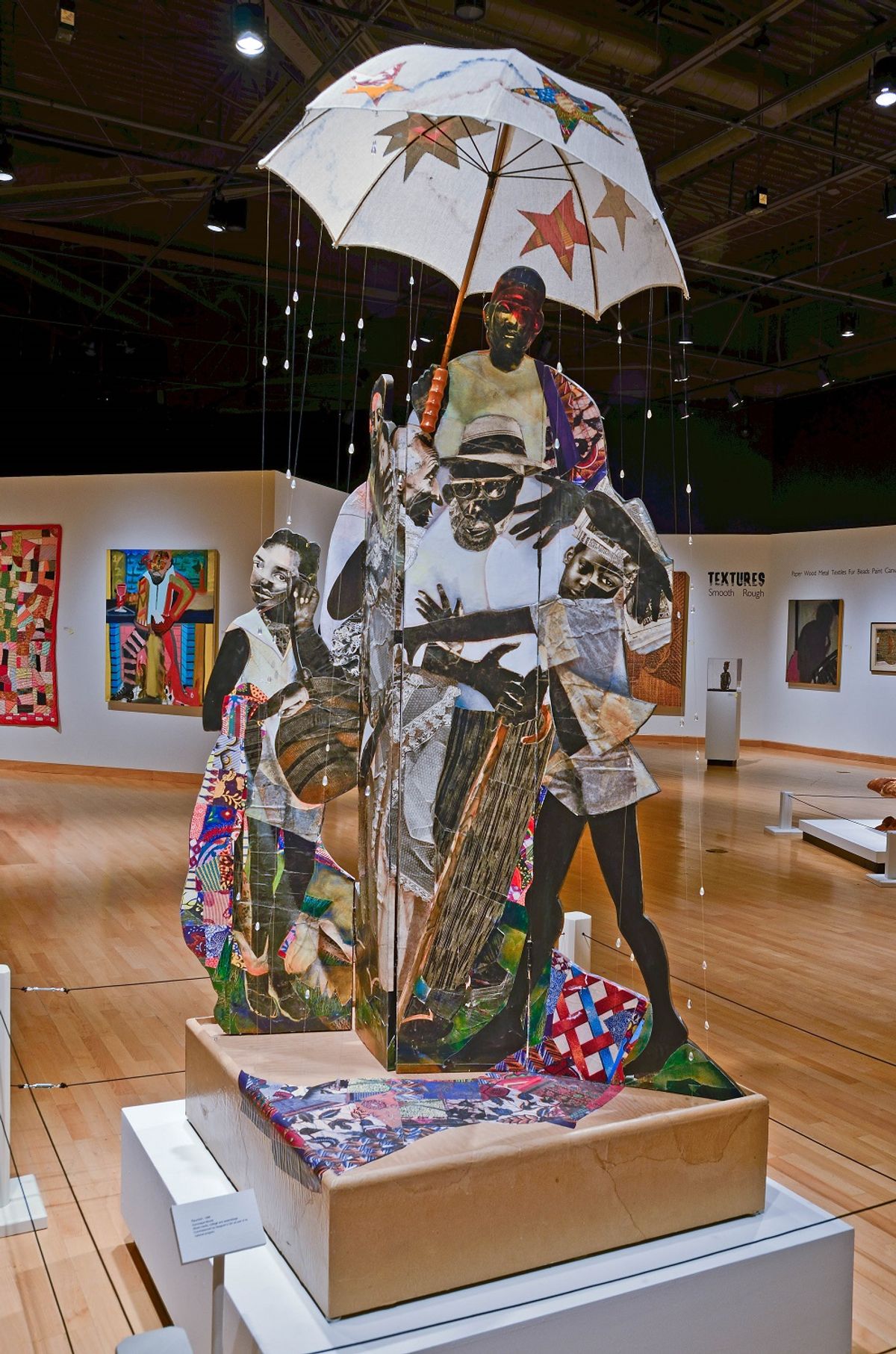 Collage of life-sized photos assembled as standing screen