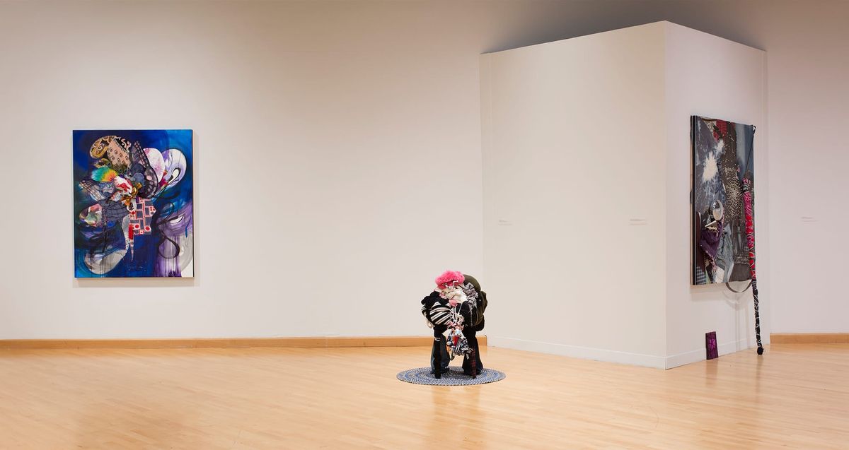 Installation view of paintings and sculptures