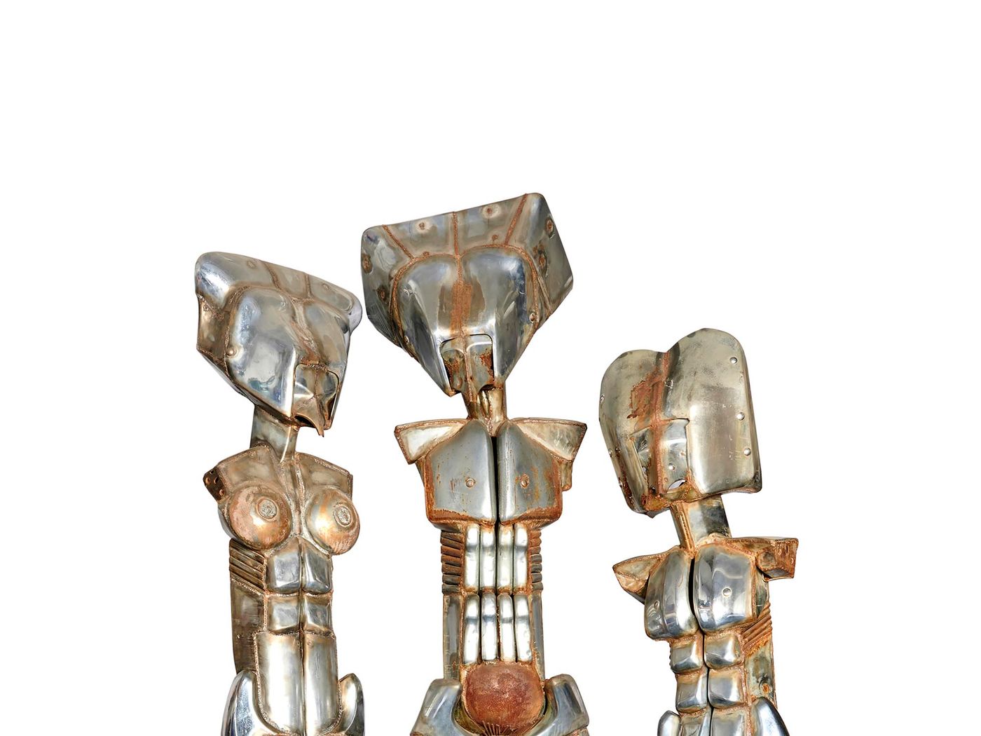 Welded chrome statues of Horus, Isis, and Osiris