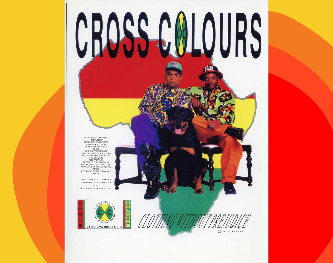 Cross Colours ad, image of founders Carl Jones and T.J. Walker with dog superimposed over outline of Africa