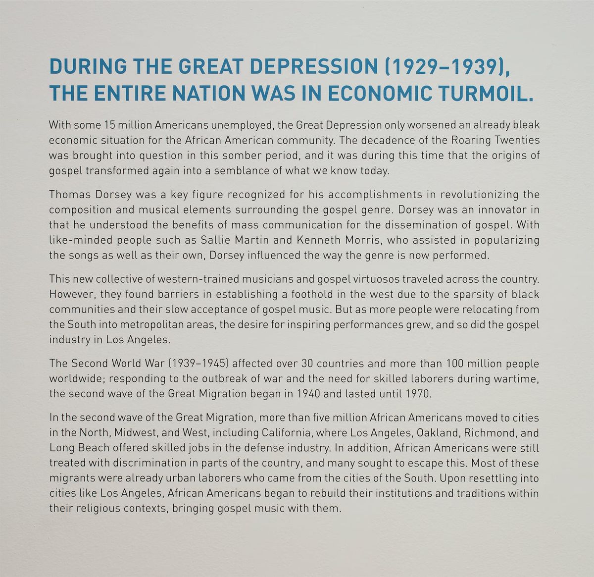 Wall text: Economic turmoil of the Great Depression, 1929 - 1939