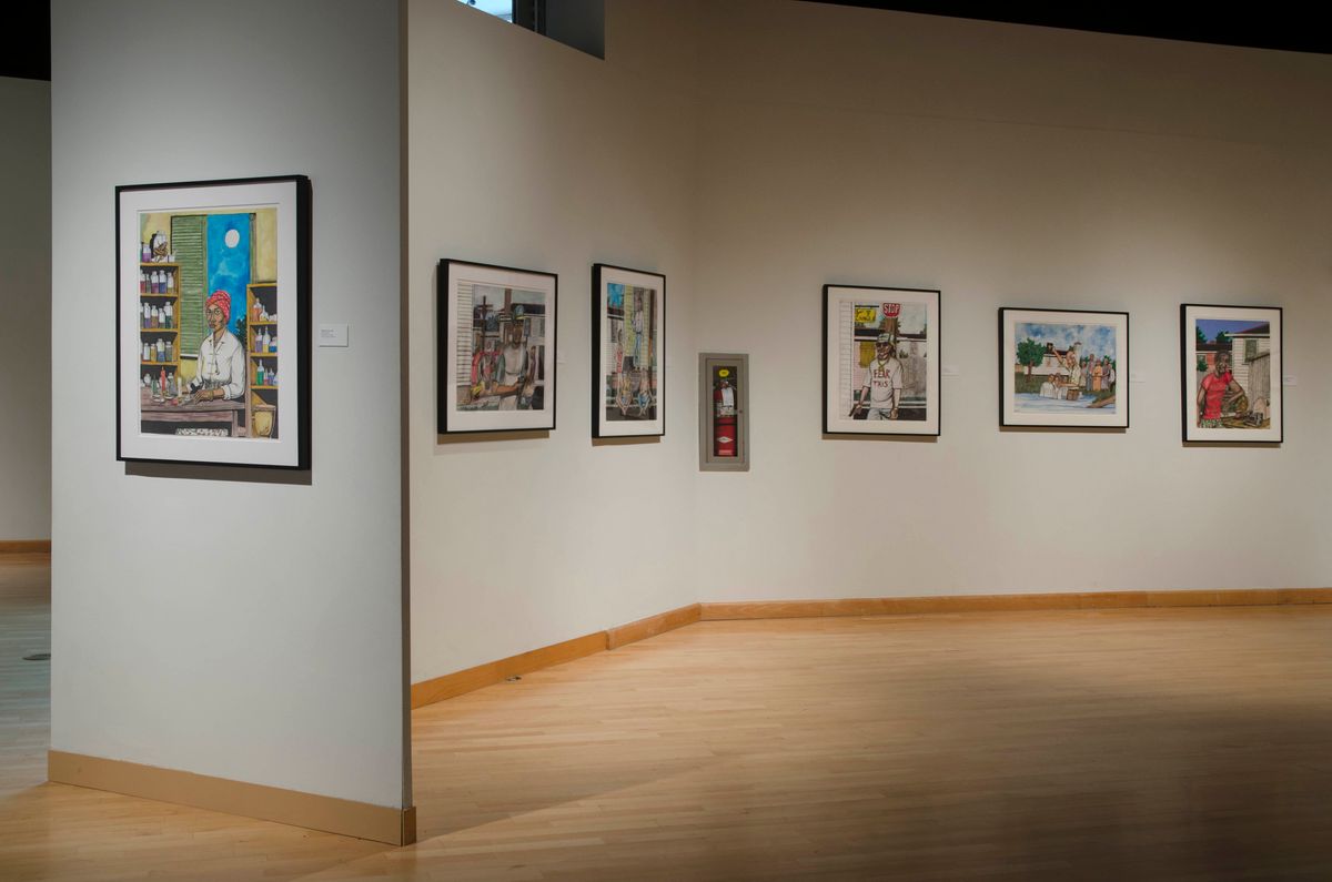 Installation view of framed artworks