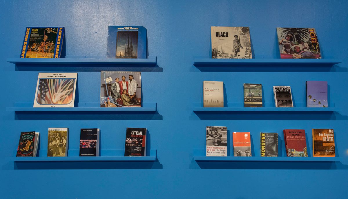 Wall mounted bookshelves filled with titles facing outward
