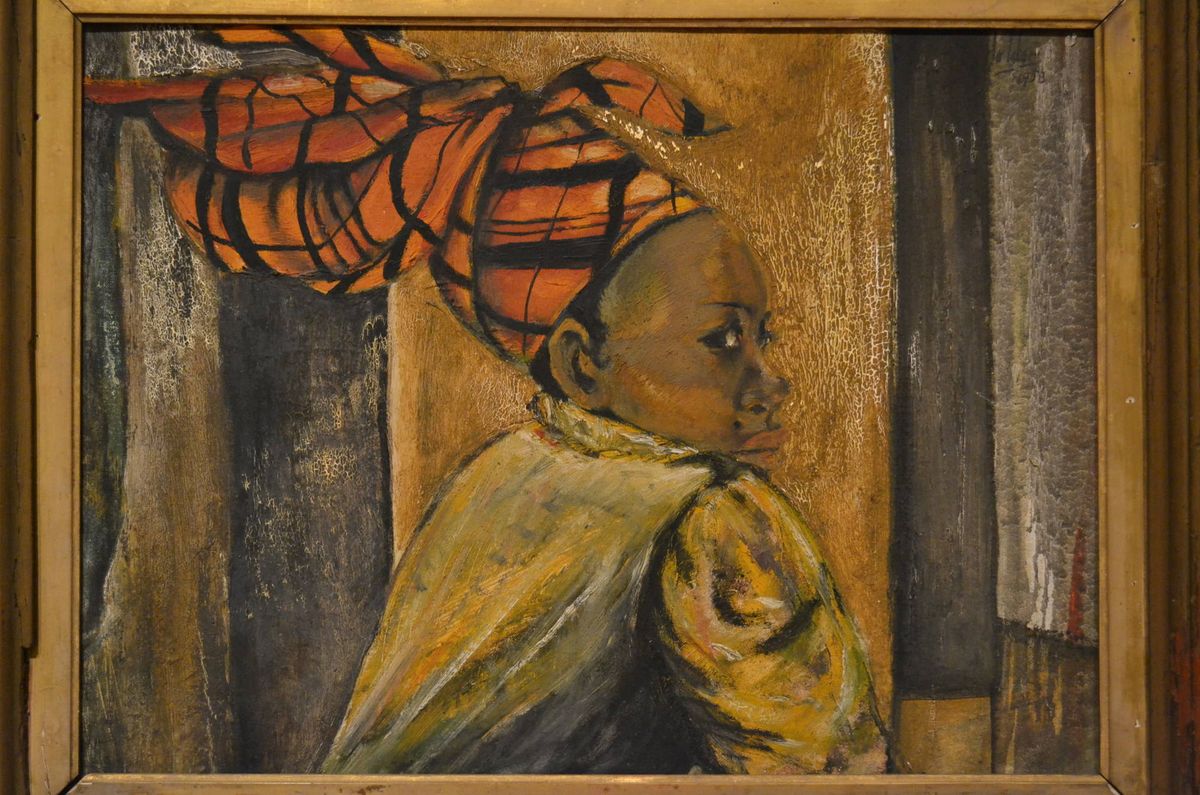 1950s oil painting of black woman with madras headscarf