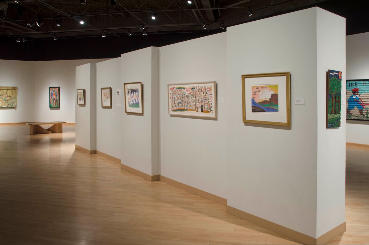 Installation view of framed paintings