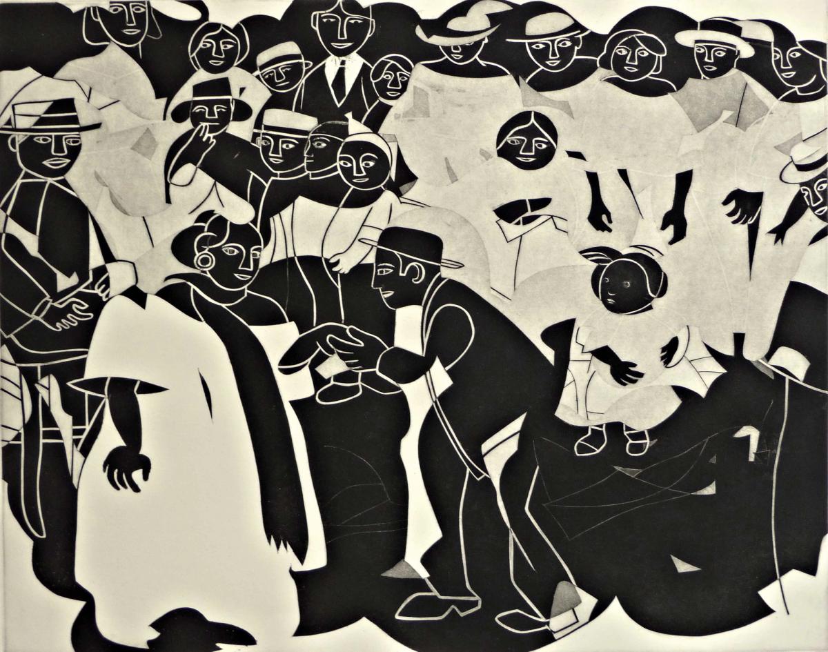 Etching of group around a pair of people, the woman is the central figure