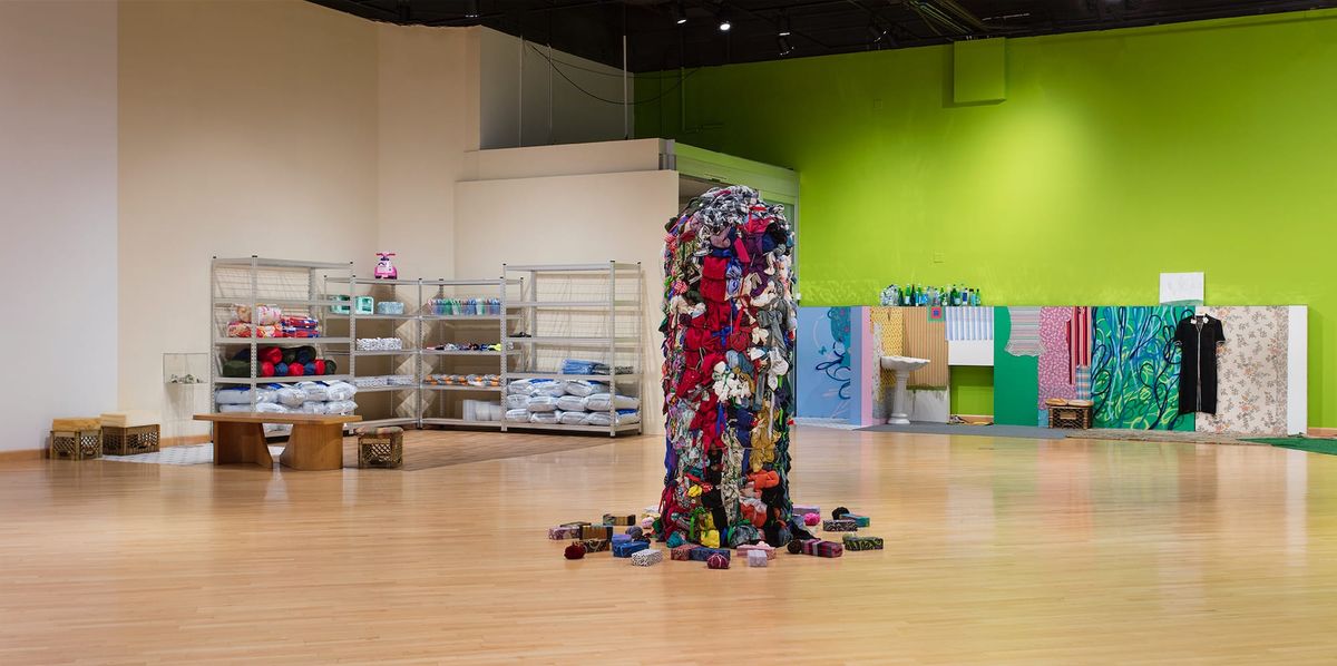 Installation view of vignettes; workspace, home, and sculpture