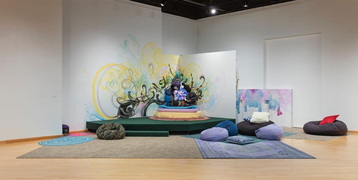 Installation view of soft furnishings vignette
