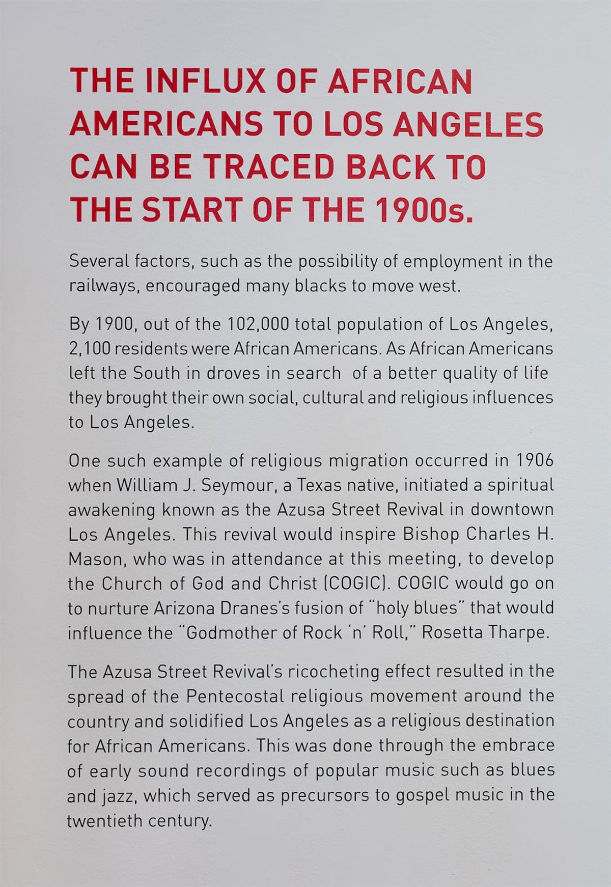 Wall text about influx of African Americans to Los Angeles