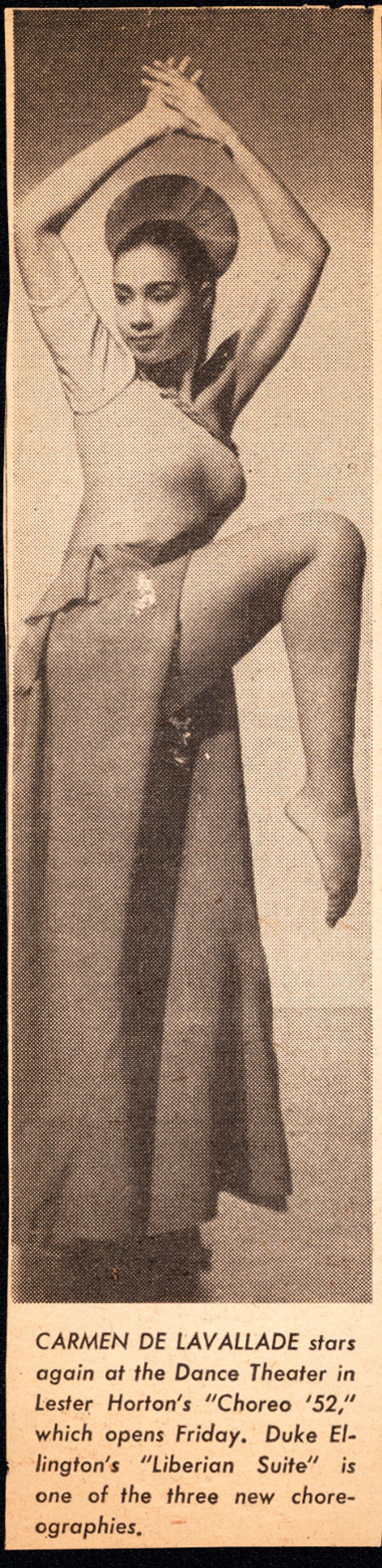 Newspaper clipping of Carmen de Lavallade in performance costume