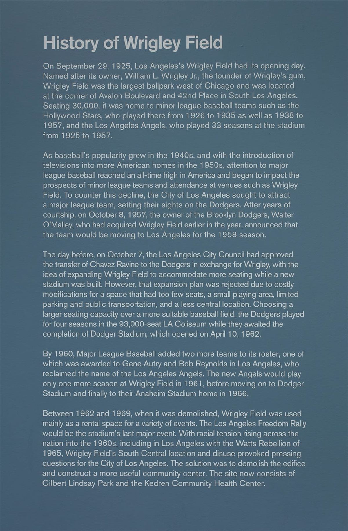 Wall text for History of Wrigley Field