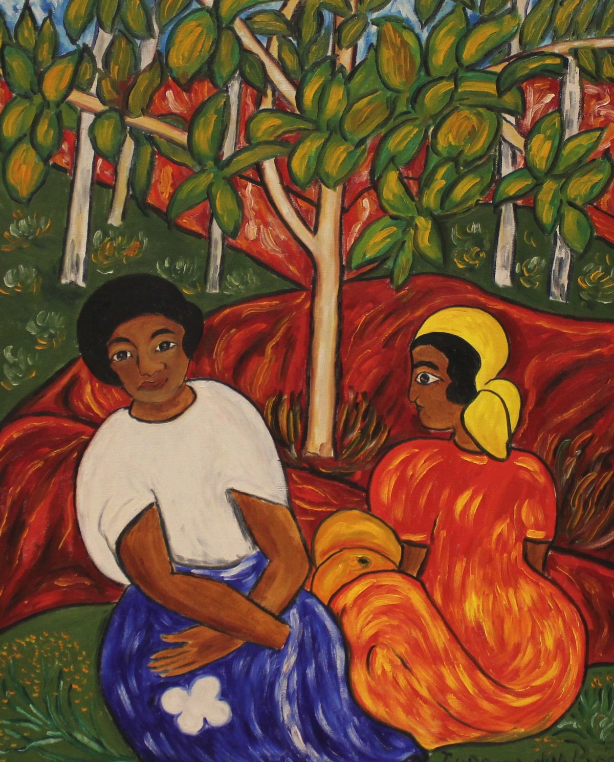 Oil painting, primary colors color story,  of a boy and girl sitting in a small grove
