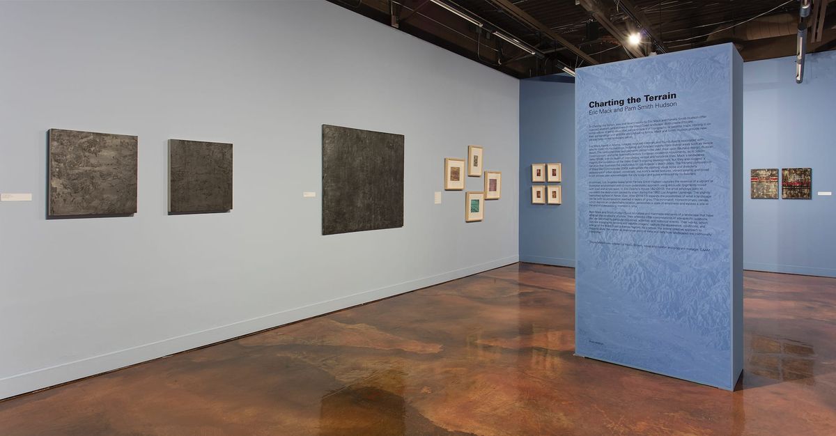 Exhibition view of wall text and 2D works