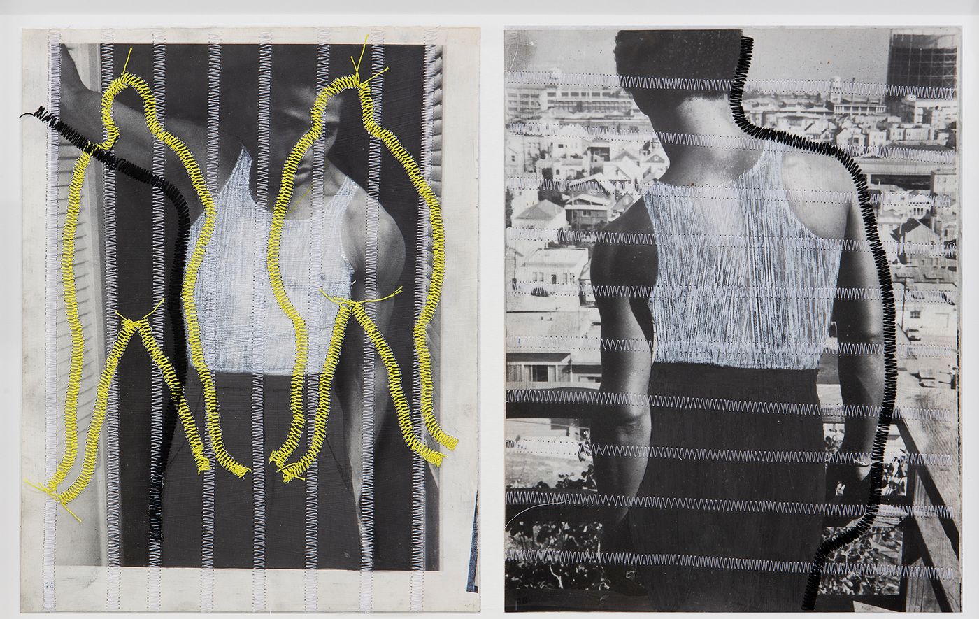Troy Michie America Is Woven of Many Threads #1, 2019 Graphite, colored pencil, grease pencil, and polyester thread on magazine paper 11 x 18 in
