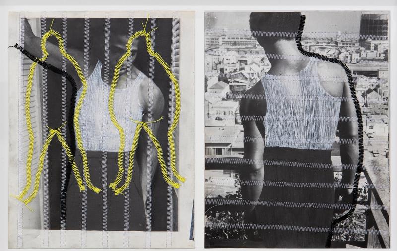 Troy Michie America Is Woven of Many Threads #1, 2019 Graphite, colored pencil, grease pencil, and polyester thread on magazine paper 11 x 18 in