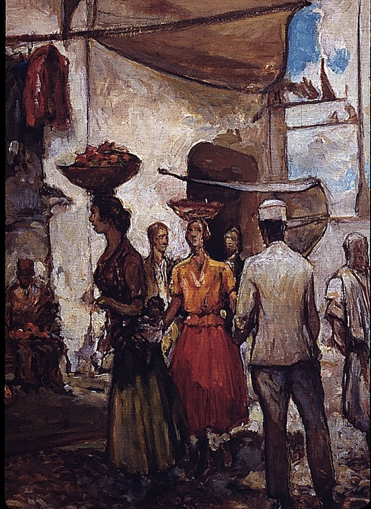 Oil painting in dark earth tones and blue sky depicting women and men at open-air market