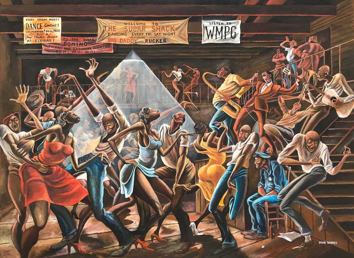 Ernie Barnes, The Sugar Shack, 1976;  Acrylic on canvas, 36 in. x 48 in; Collection of Jim and Jeannine Epstein