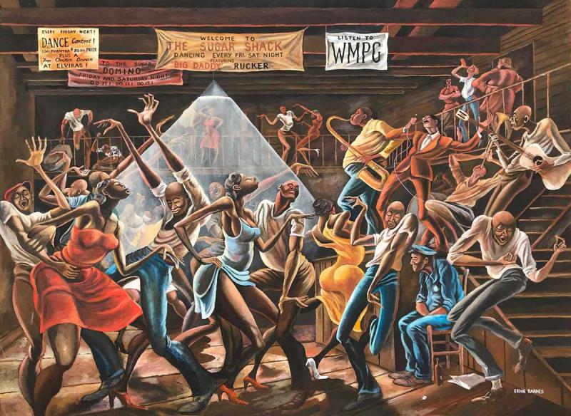 Acrylic painting of people grooving in dance hall