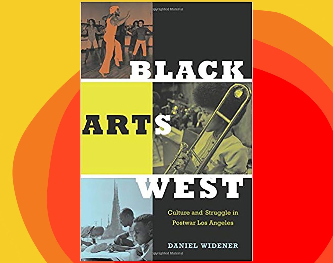 Collage of images of black people performing different types of art, themed in 60s modern aesthetic