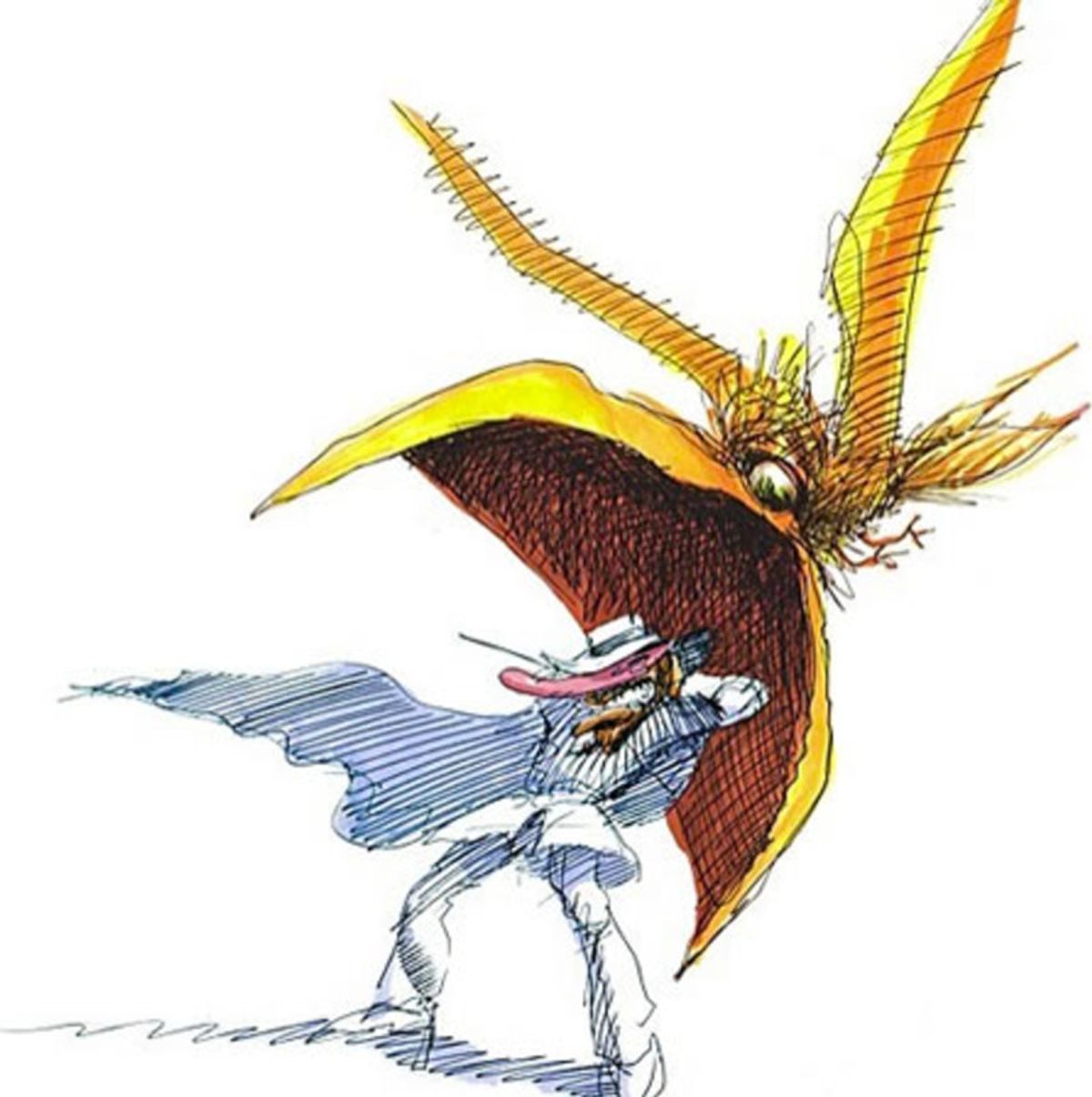 Marker on paper illustration of a funky man in a white suit and hat being swallowed by a gigantic billed yellow bird