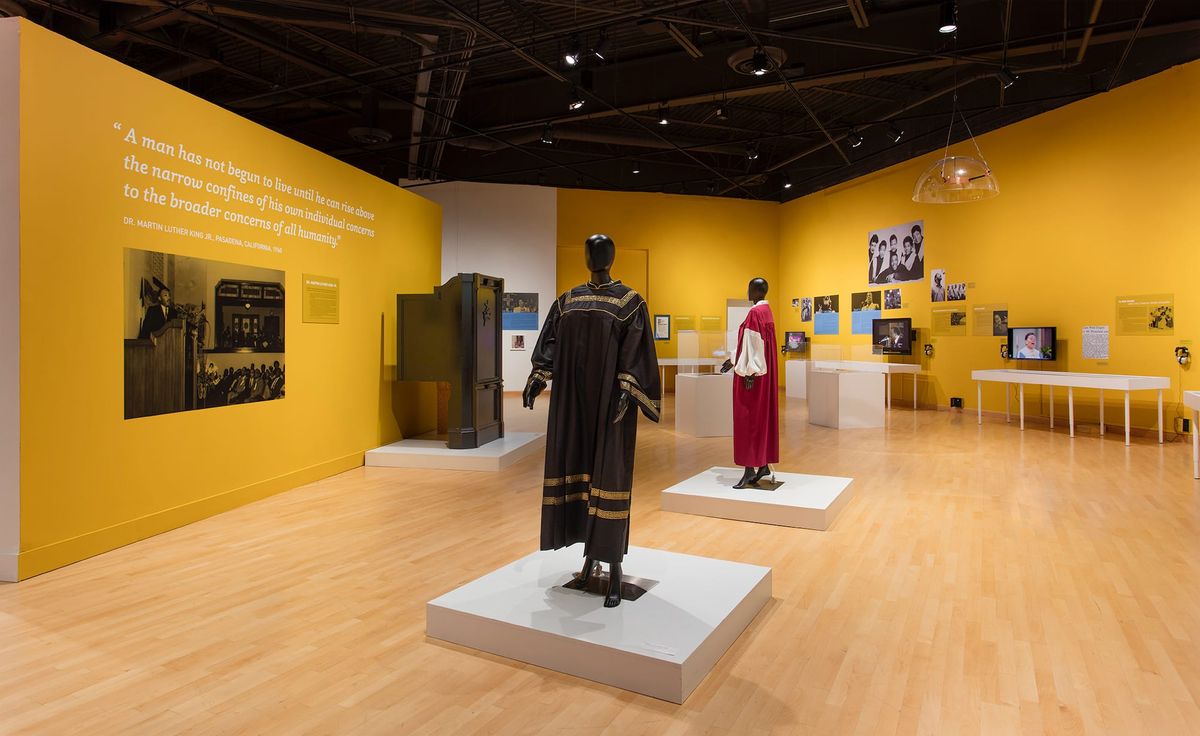 Installation view including images and quotes from Dr. Martin Luther King's vist to Pasadena in the 1960s