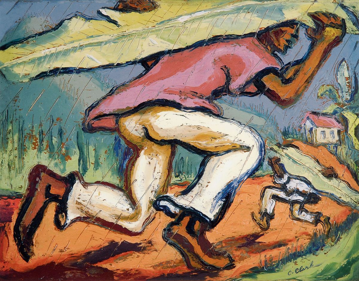 Men in white pants and red tops running to get out of the rain