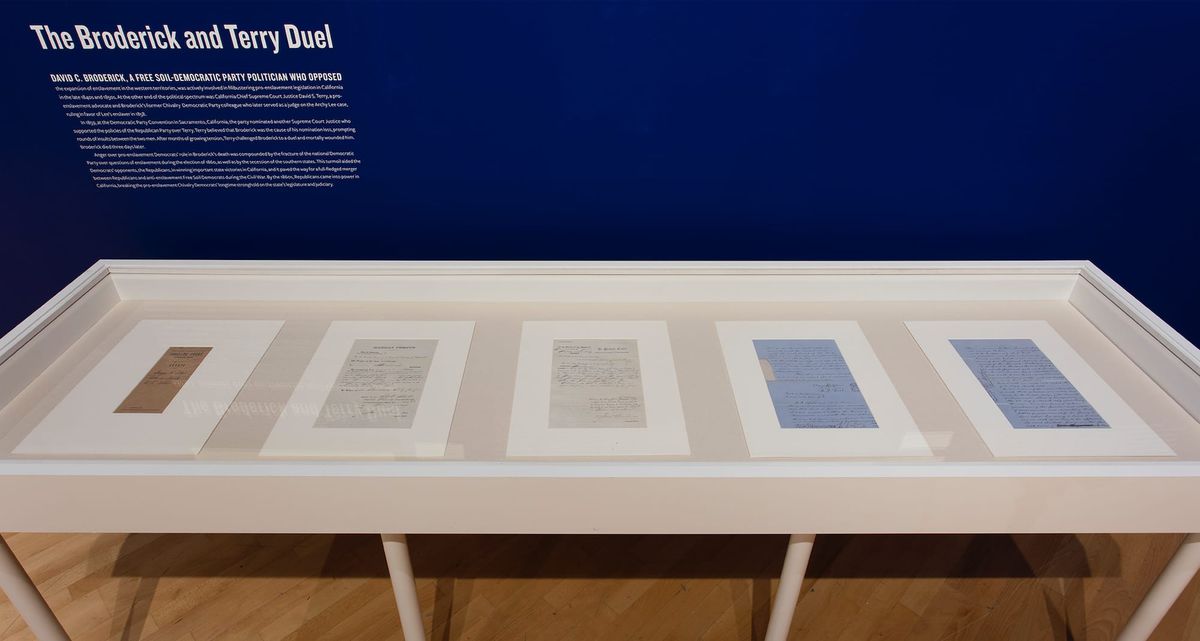 Installation view of The Broderick and Terry Duel