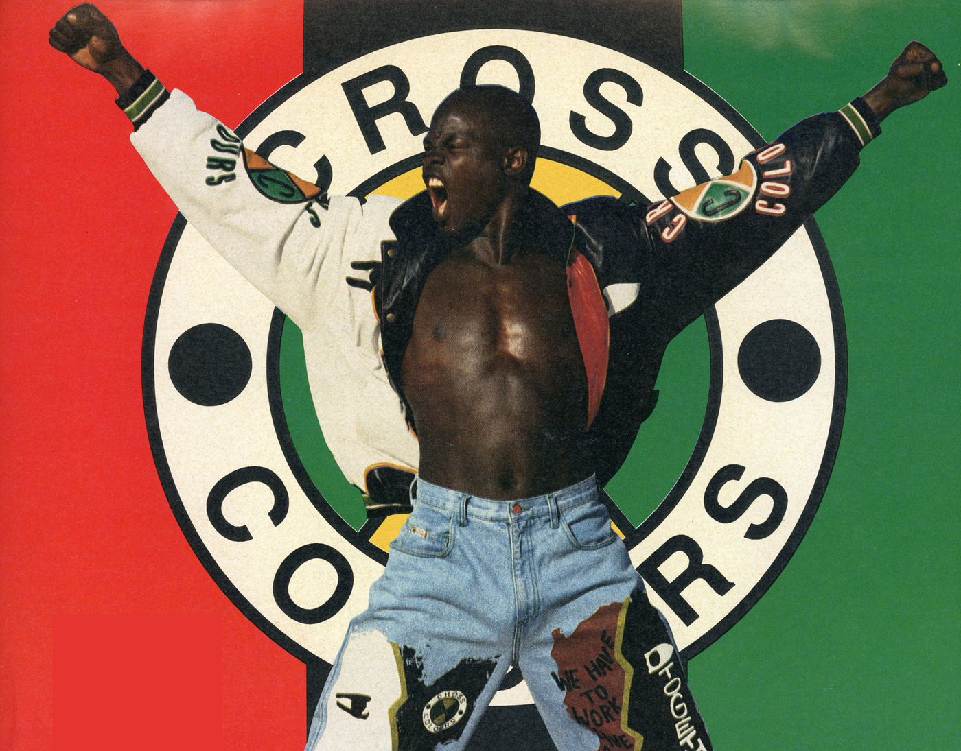Cross Colours advertisement, Djimon Hounsou wearing black and white leather jacket and embellished jeans