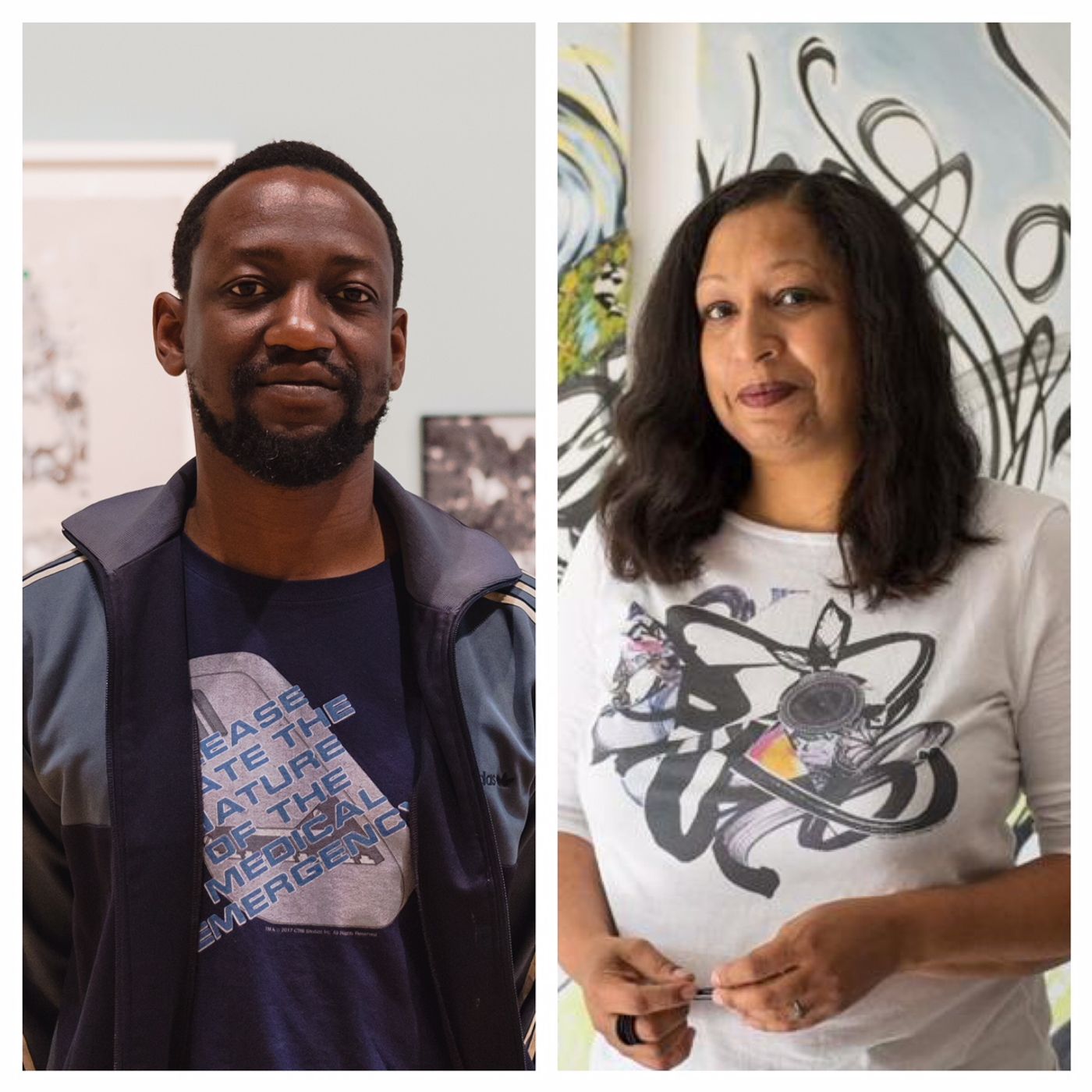 Split screen portraits: Adler Guerrier and Shinique Smith