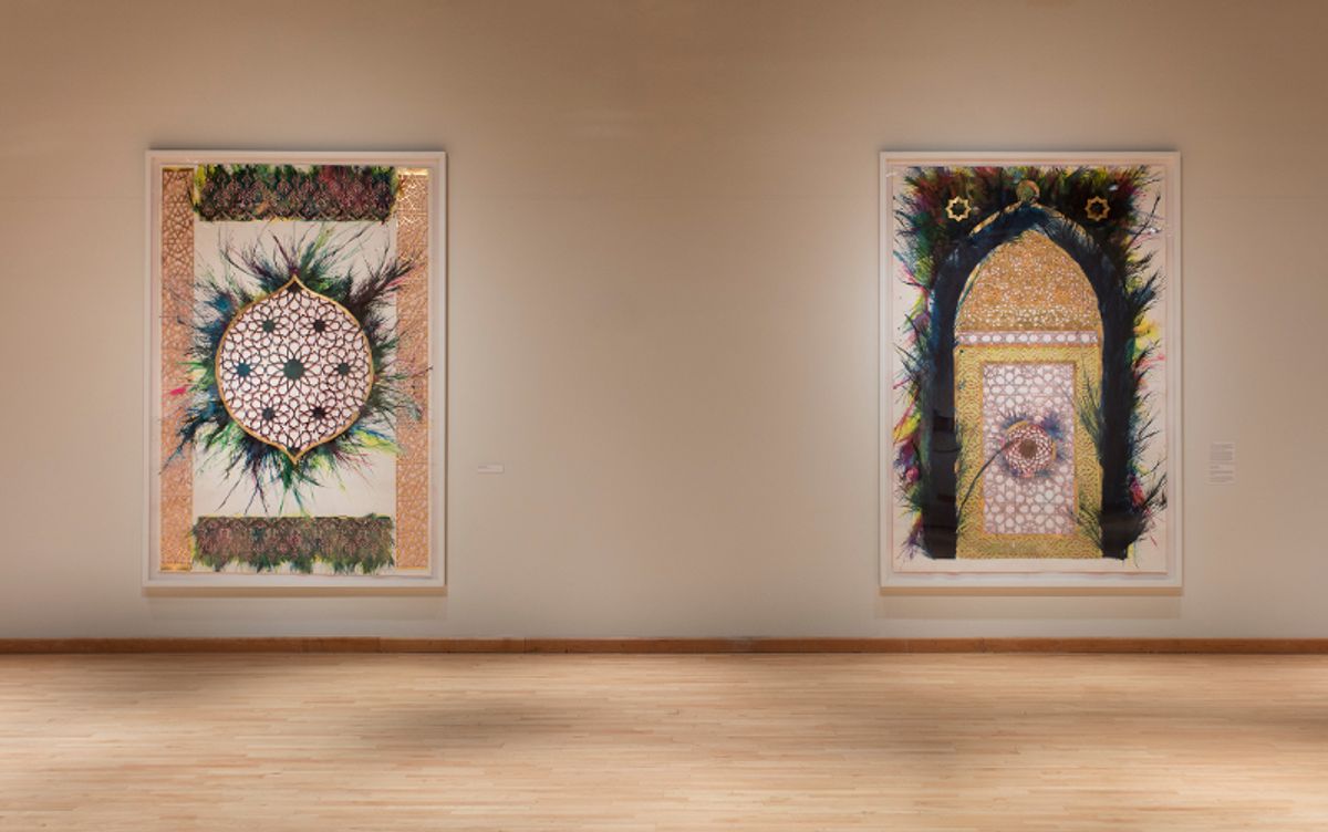 Installation view of mixed media works that include, feathers, large amounts of gold leaf, and Islamic architectural shapes