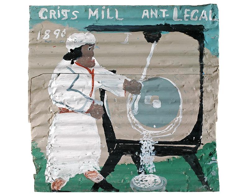 Painting of a person working large machinery