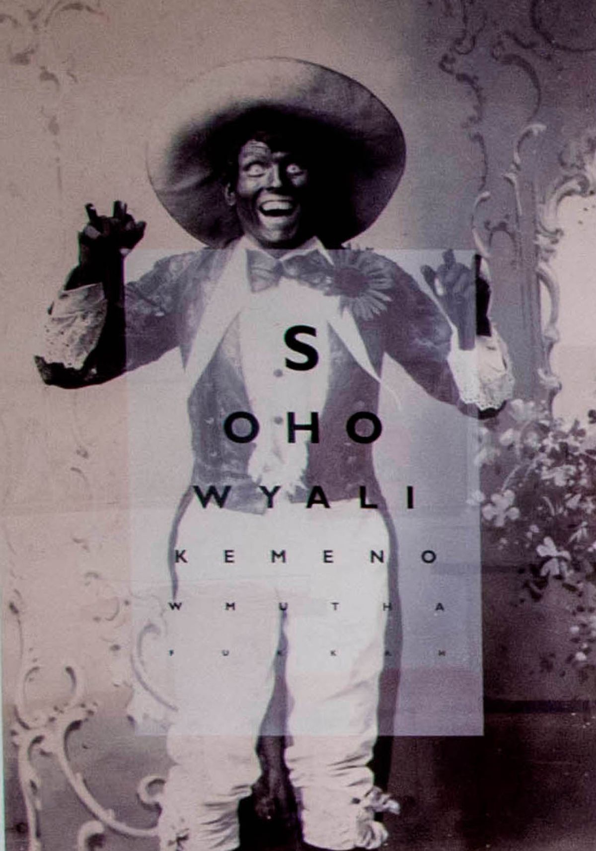 Text chart superimposed over Blackface character