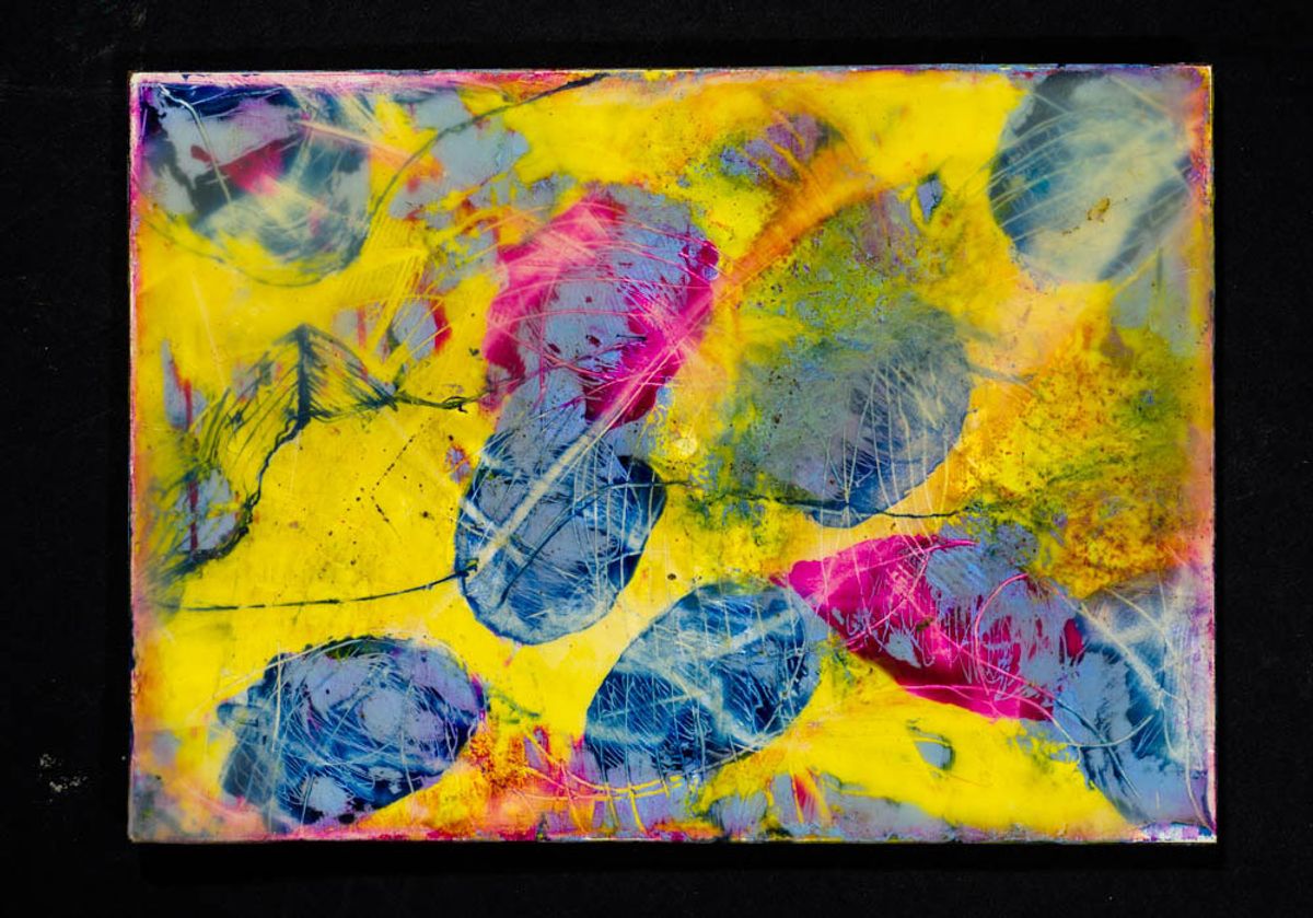 Abstract interpretation of leaves in yellows, greens, blues, oranges, and pinks