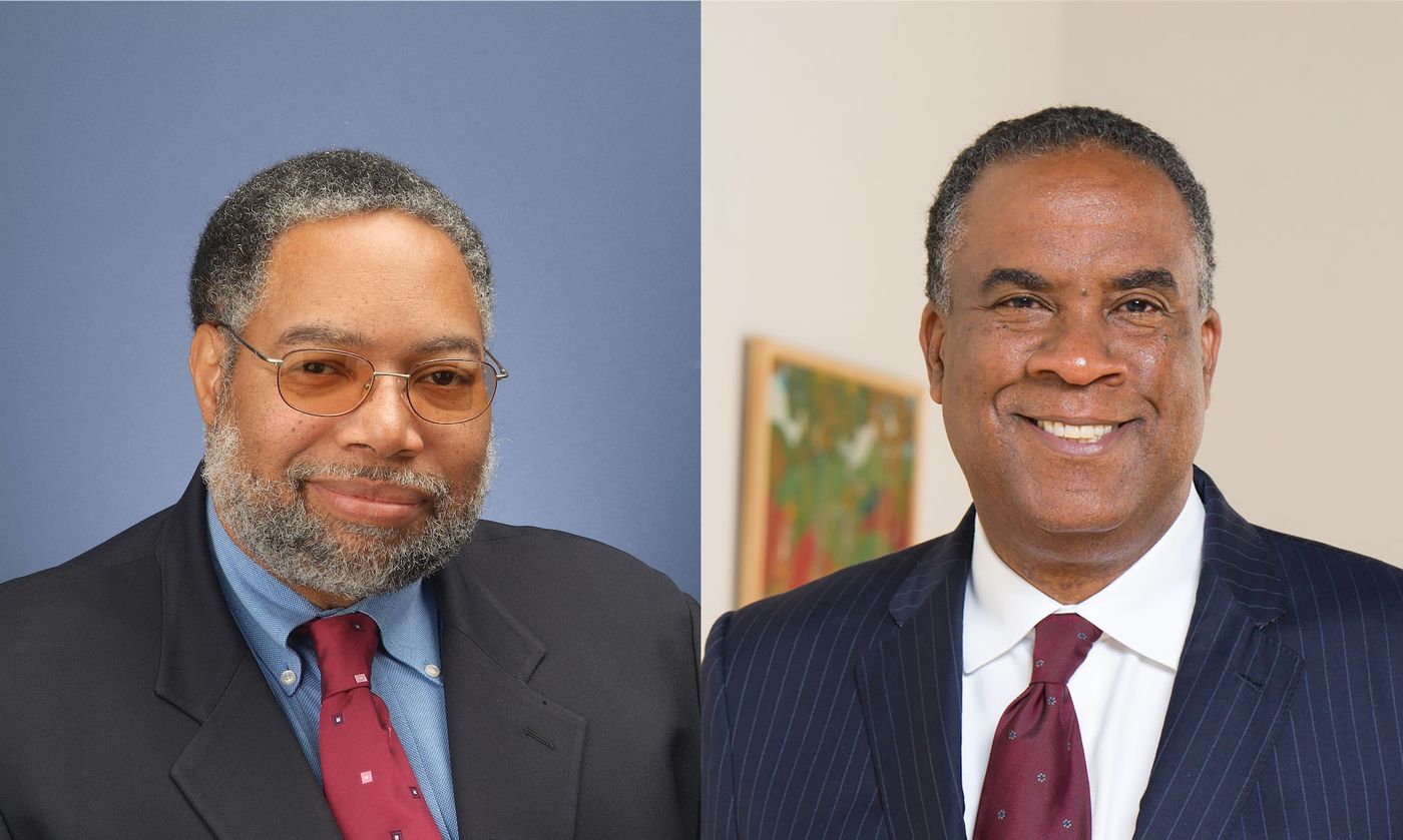Split screen: portraits of Lonnie Bunch III and George Davis