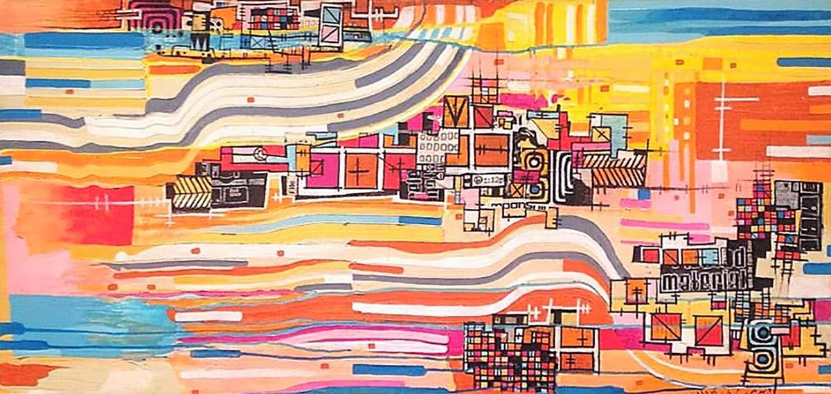 Streams of pop colors of yellows, pinks, oranges, and blues with hand lined pixels