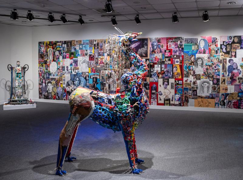Installation view of collaged mixed media sculpture
