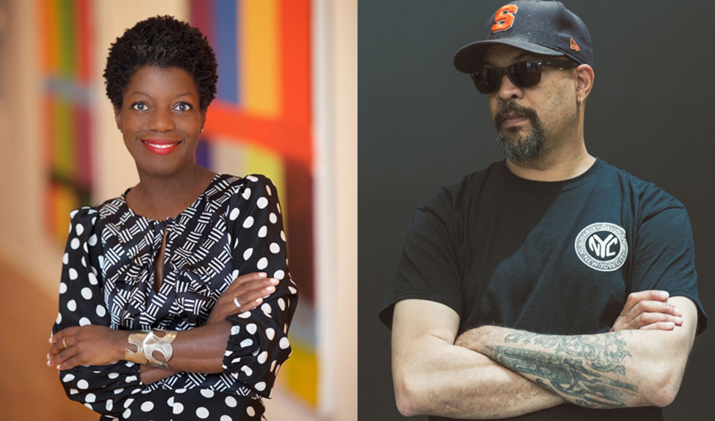Split screen portraits: Thelma Golden and Gary Simmons
