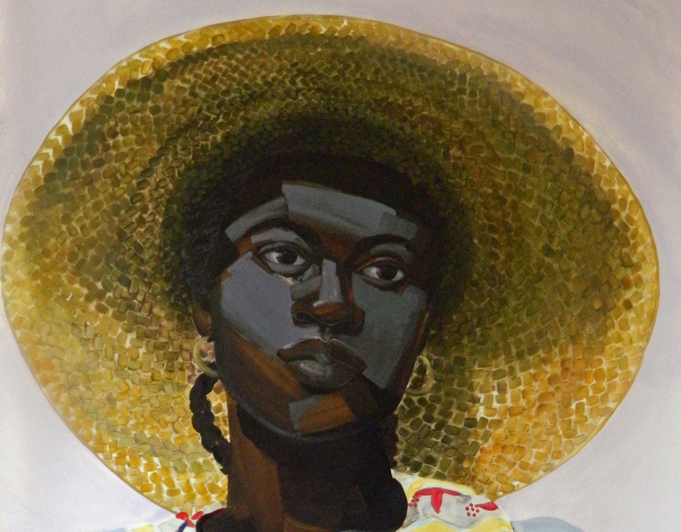 Painting of black woman in braided straw hat