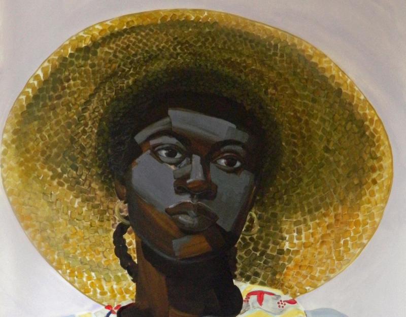 Painting of black woman in braided straw hat