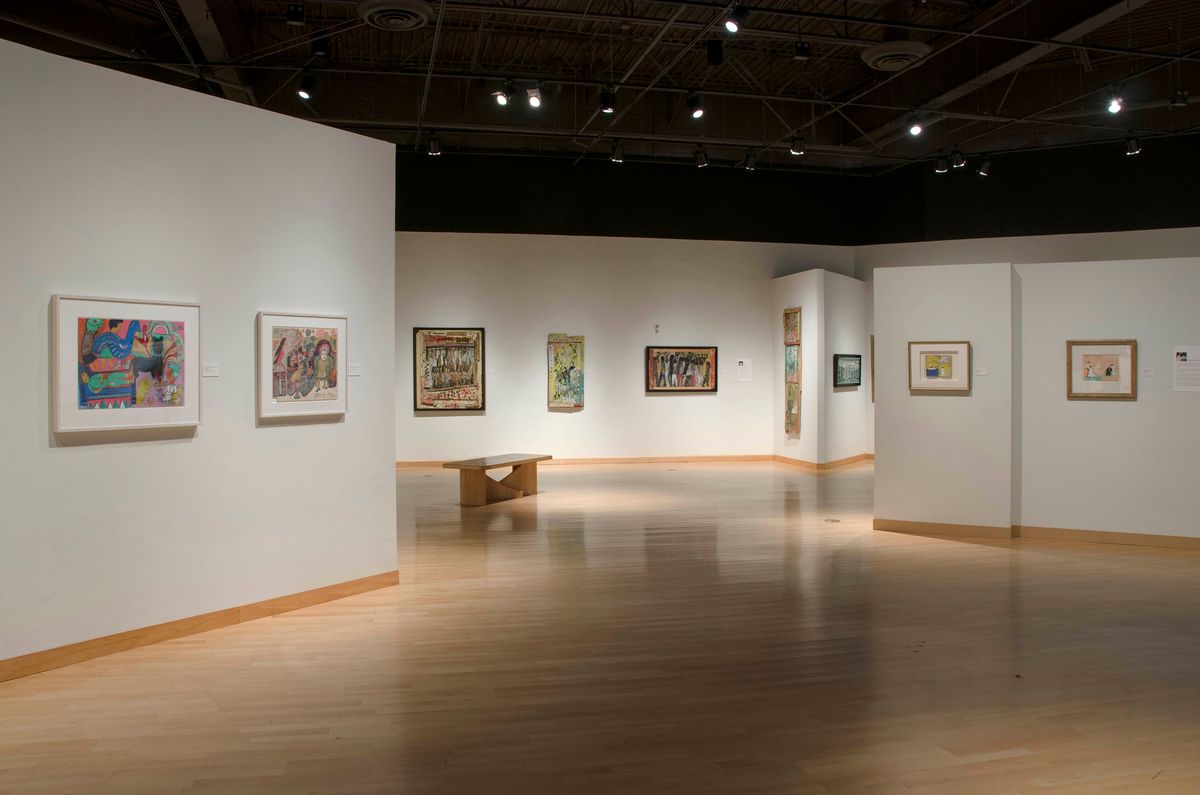 Installation view of framed artworks