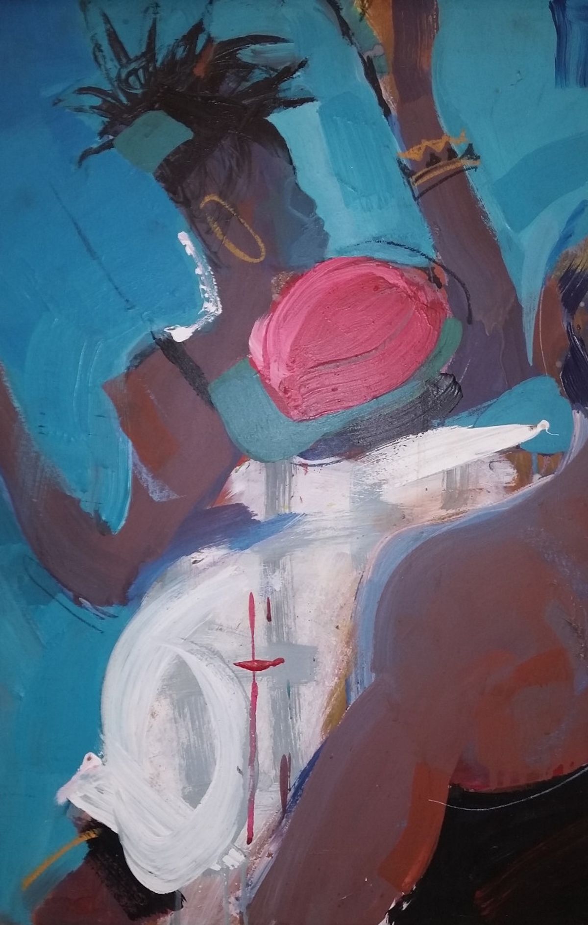 Painting of person with white, pink, and teal garments
