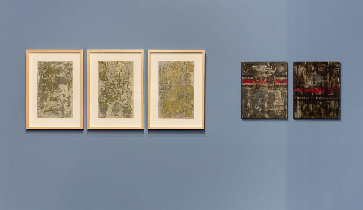 Exhibition view of five works in conversation with each other