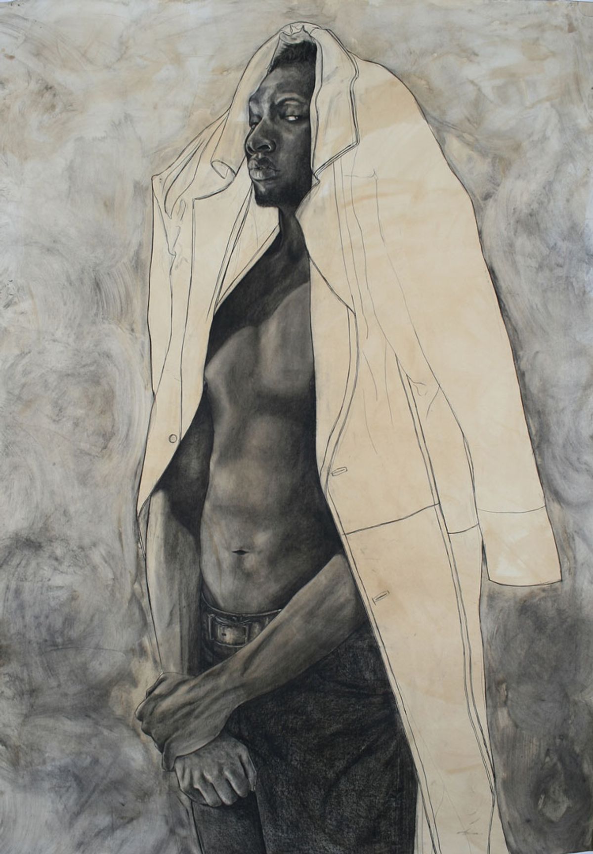 Painting of man in pants without shirt wearing an overcoat on his head