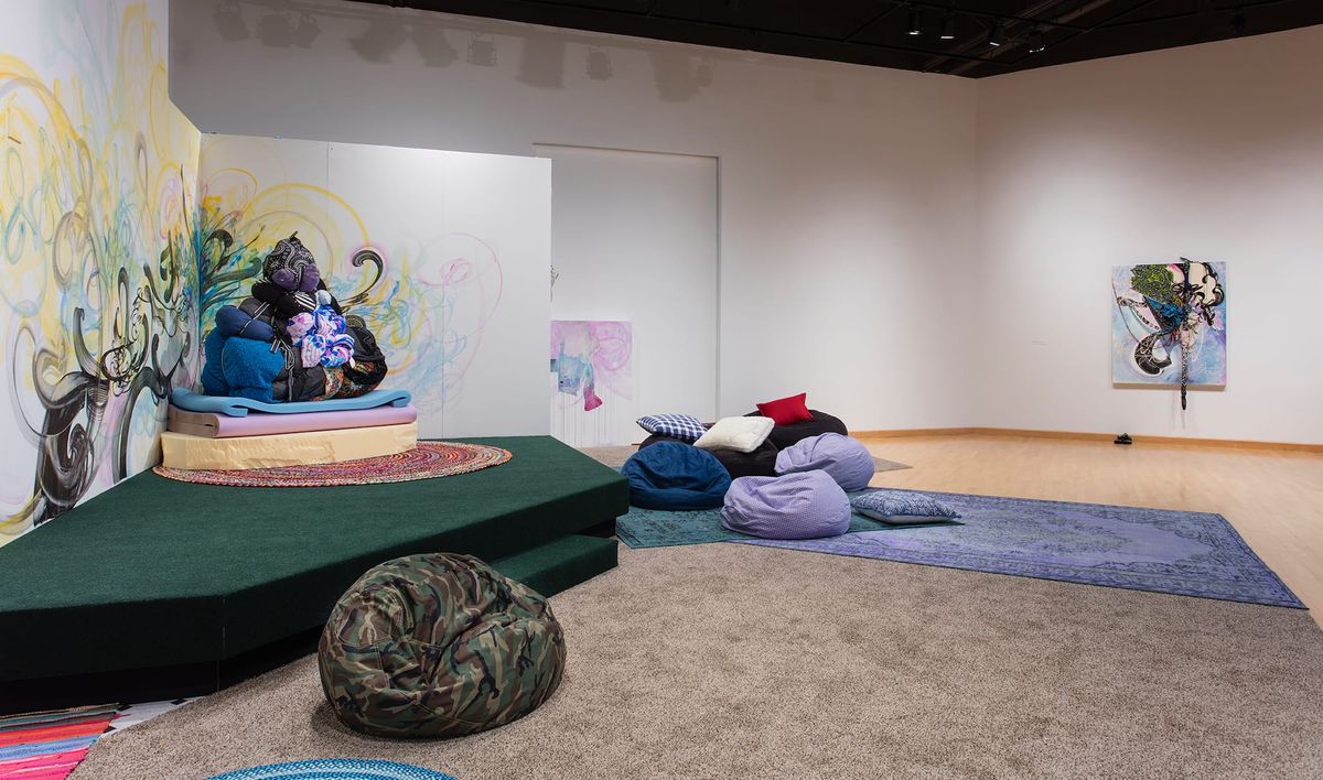 Installation view of soft furnishings vignette