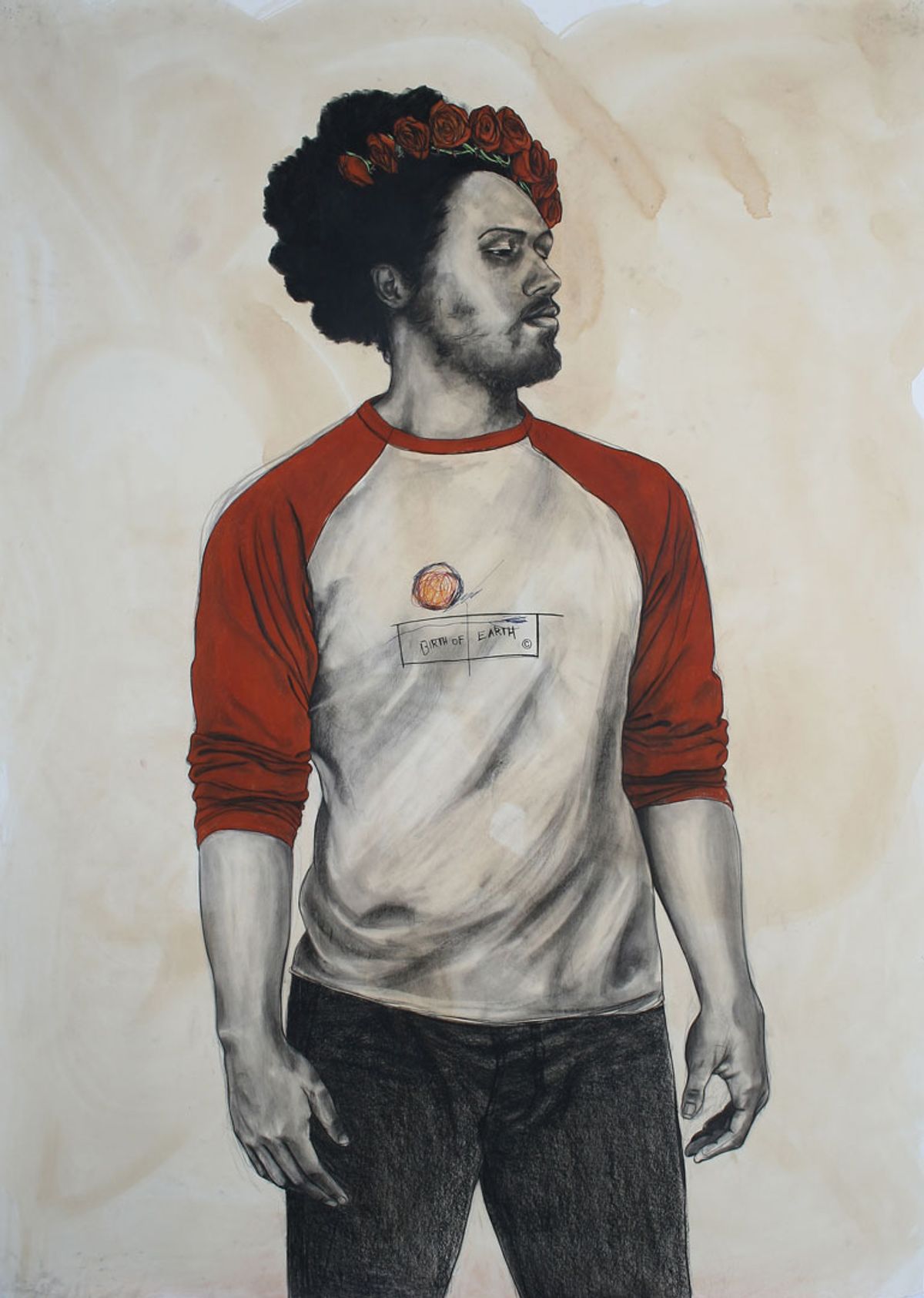 Painting of man with fashion tufty hair with beard in 3/4 profile