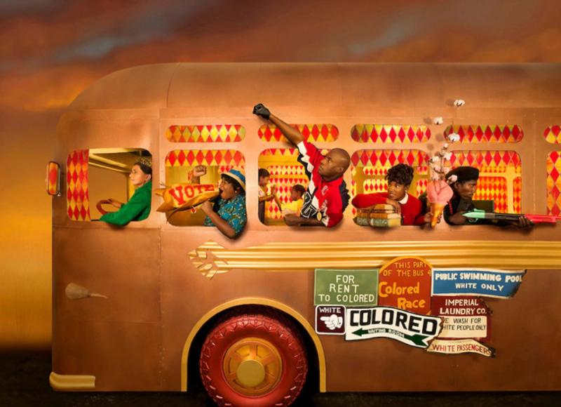 Mixed timeline of first Civil Rights era and now on segregated bus