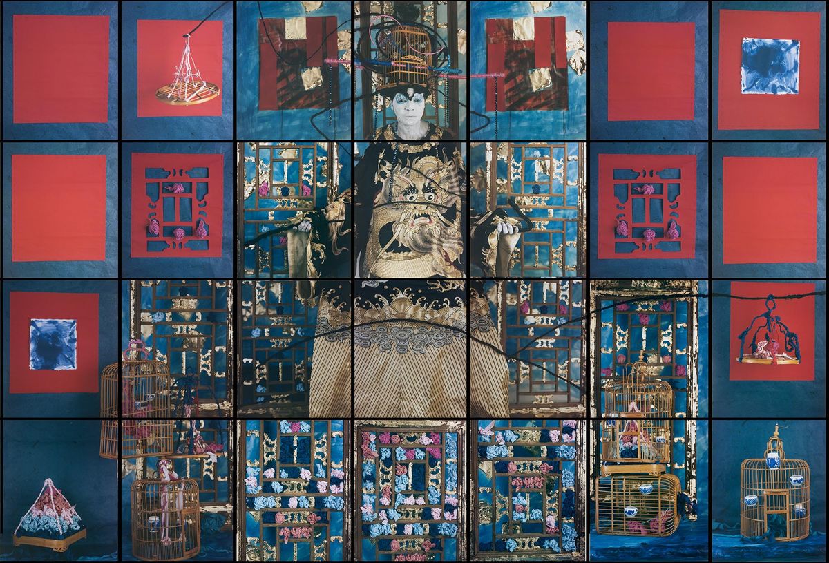 A collage of Caribbean and Chinese emblems and symbols with person as central figure